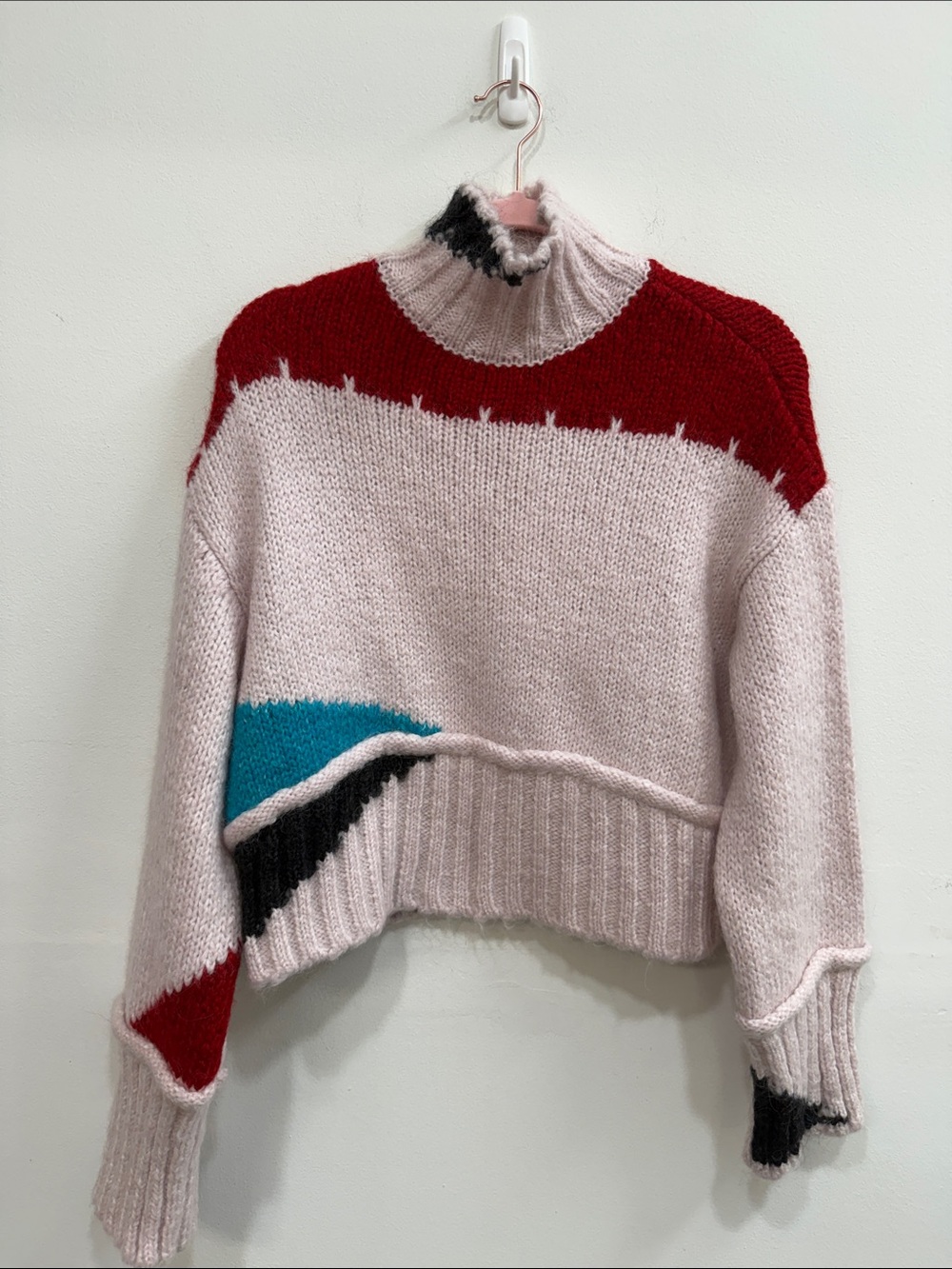 Zara Blogger Favorite Pink Colorblock Turtleneck Sweater with Red, Teal & Black